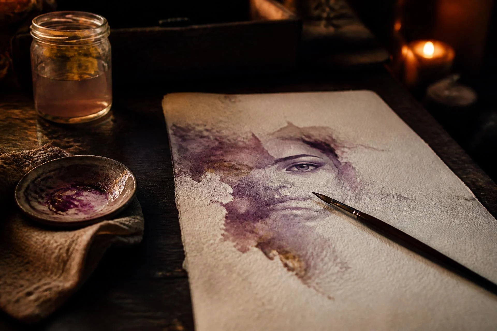 Anne-Marie Bond's candlelit watercolour studio table with brushes, pigments and handmade paper, Spirit Art through Watercolour Mastery